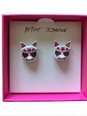 Betsey Johnson Pink Floral Cat Face Stud Earrings